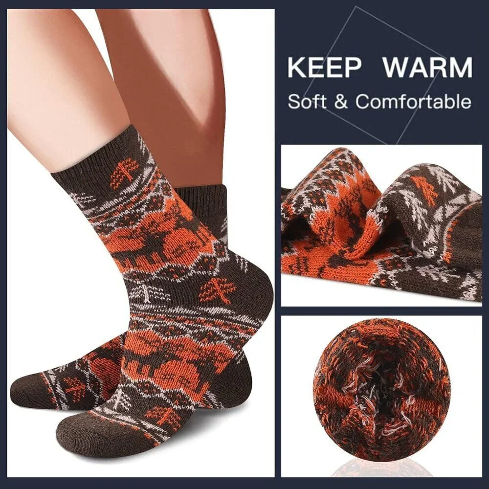 Mens Warm Wool Socks Thermal Winter Thick Crew Pattern Socks Cold Weather 5 Pair
